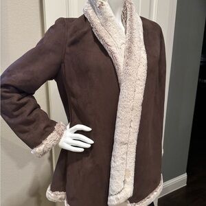 Kial Brown Open Front Cozy Plush Jacket Suede-Look Soft Coat